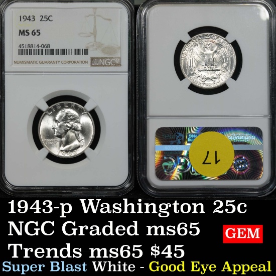 Blast white NGC 1943-p Washington Quarter 25c Good eye appeal Graded ms65 By NGC