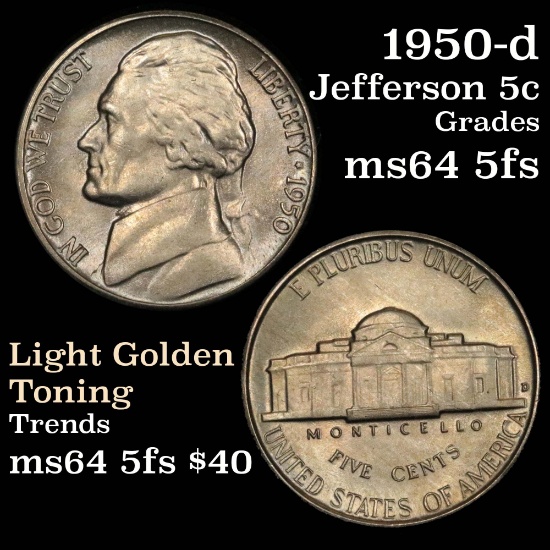 Key Date 1950-d Jefferson Nickel 5c Great Steps Grades Choice Unc 5fs