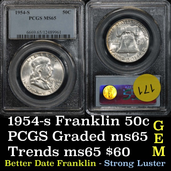Better date PCGS 1954-s Franklin Half Dollar 50c strong luster Graded ms65 by PCGS good eye appeal