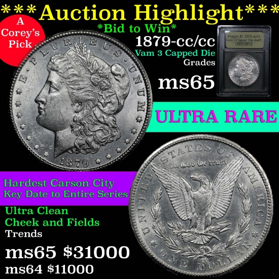 ***Auction Highlight*** 1879-cc/cc Vam 3 Capped Die Morgan Dollar $1 Graded GEM Unc by USCG (fc)