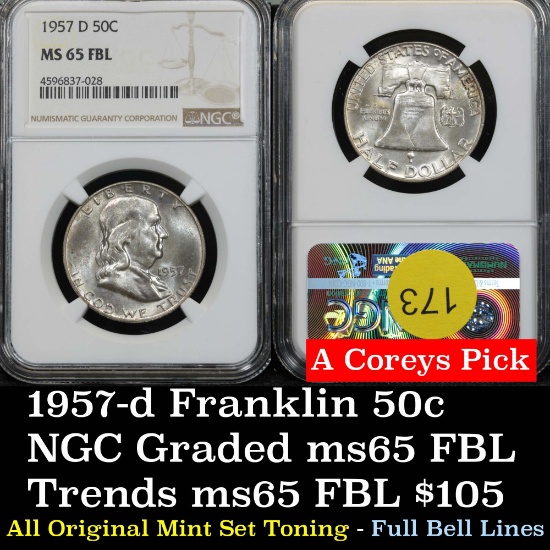 Original mint set toned NGC 1957-d Franklin Half Dollar 50c Graded ms65 FBL By NGC PQ for the grade