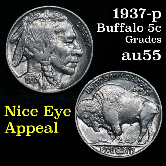 1937-p Buffalo Nickel 5c Grades Choice AU near Unc