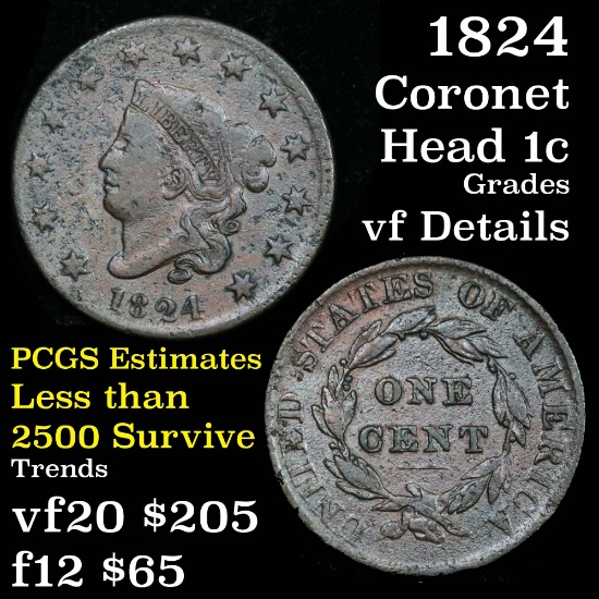 1824 Coronet Head Large Cent 1c Grades vf details nice detail for the grade