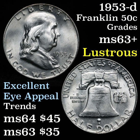 nice luster 1953-d Franklin Half Dollar 50c Grades Select+ Unc niceluster