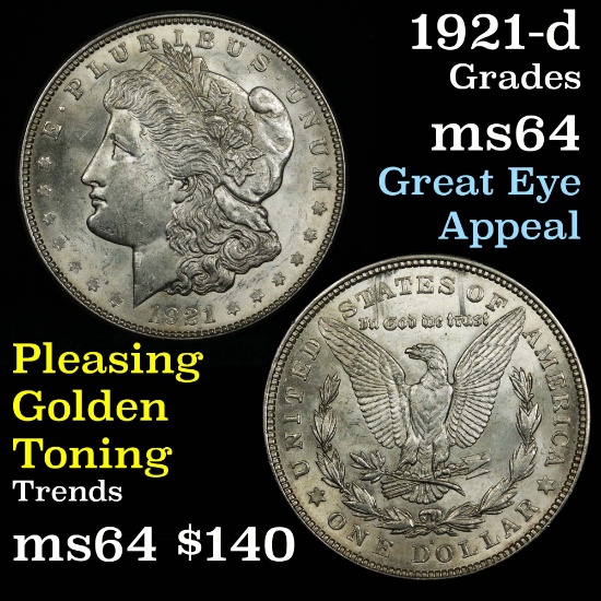 Nice strike 1921-d Morgan Dollar $1 good luster, good eye appeal Grades Choice Unc PQ for the grade