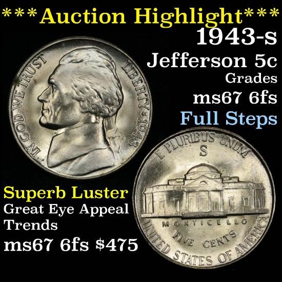 ***Auction Highlight*** 1943-s Jefferson Nickel 5c blazing luster Grades GEM++ 6fs ultra clean (fc)