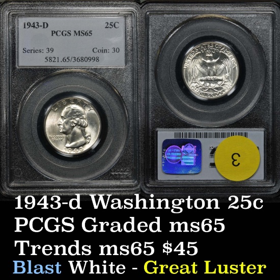 Terrific gem PCGS 1943-d Washington Quarter 25c Graded ms65 by PCGS
