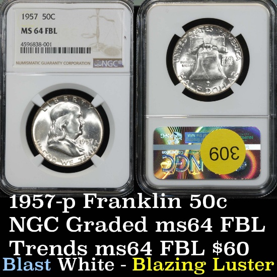 NGC 1957-p Franklin Half Dollar 50c Blast white Graded ms64 FBL By NGC Blazing luster