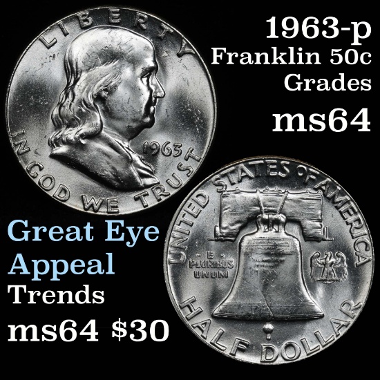 Blast White 1963-p Franklin Half Dollar 50c Super Eye Appeal Grades Choice Unc