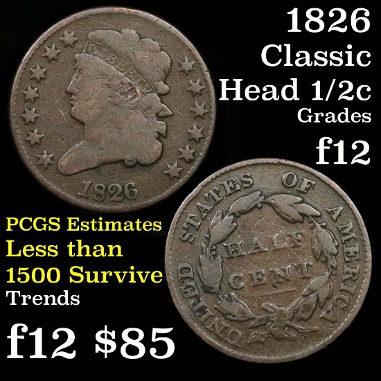 1826 Classic Head half cent 1/2c pleasing chocolate brown color Grades f, fine full Liberty