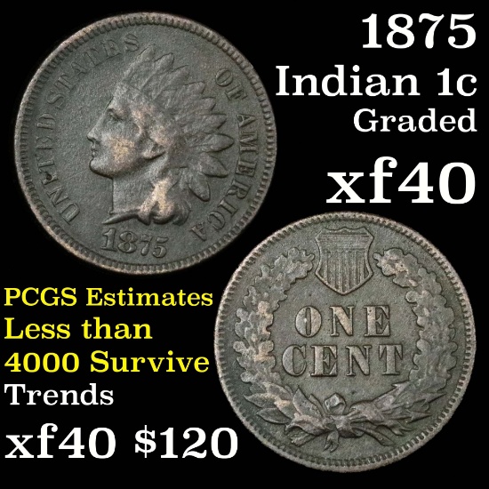 Key date 1875 Indian Cent 1c Grades xf