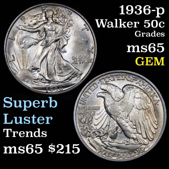 Better date 1936-p Walking Liberty Half Dollar 50c Super Luster Grades GEM Unc nice Gem example (fc)