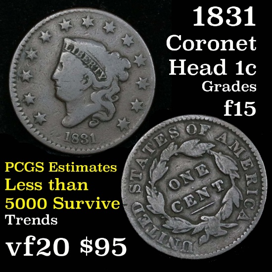 1831 Coronet Head Large Cent 1c Grades f+ Very near vf