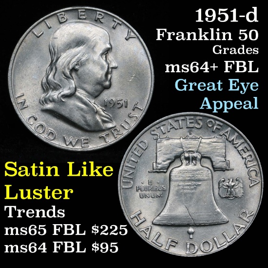 1951-d Franklin Half Dollar 50c Grades Choice Unc+ FBL Nice Light Pastel Toning
