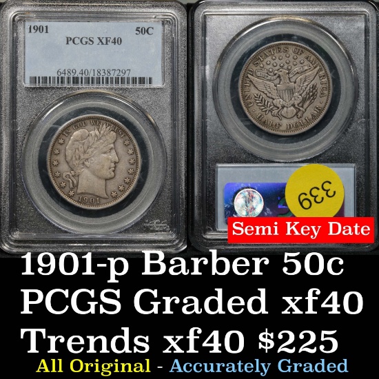 Semi key date PCGS 1901-p Barber Half Dollars 50c Graded xf40 by PCGS all original (fc)