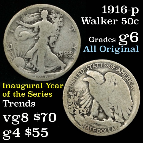 Innaugural Year 1916-p Walking Liberty Half Dollar 50c Hard Date Grades g+