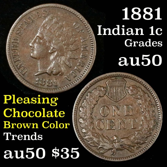 Full Liberty 1881 Indian Cent 1c 2 diamonds Grades AU, Almost Unc