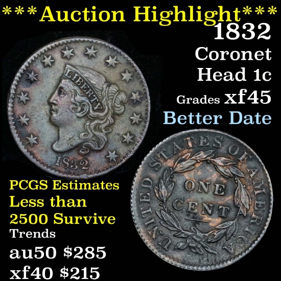 ***Auction Highlight*** 1832 Coronet Head Large Cent 1c Great Toning Grades xf+ Nice Eye Appeal (fc)