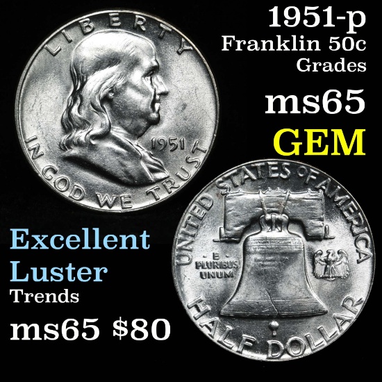 Blast White 1951-p Franklin Half Dollar 50c Great Eye Appeal Grades GEM Unc