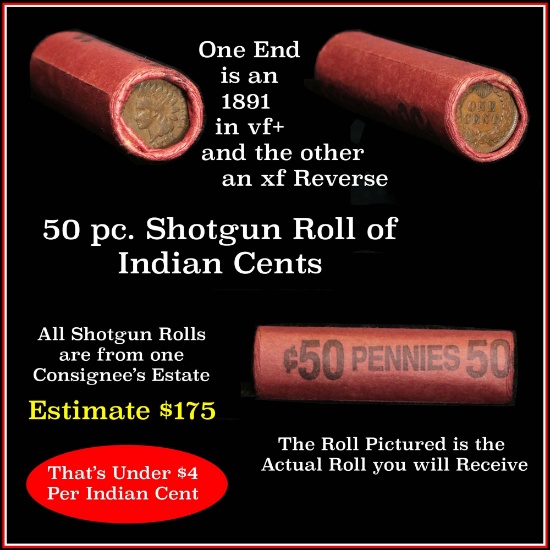 Indian Cent Roll, 1891 on one end and an xf reverse on the other Indian Cent 1c (fc)