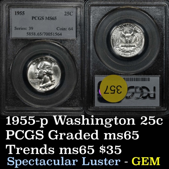 Blazing luster on this PCGS 1955-p Washington Quarter 25c Graded ms65 by PCGS