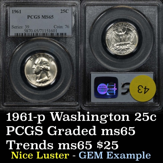 Nice luster on this PCGS 1961-p Washington Quarter 25c Graded ms65 by PCGS
