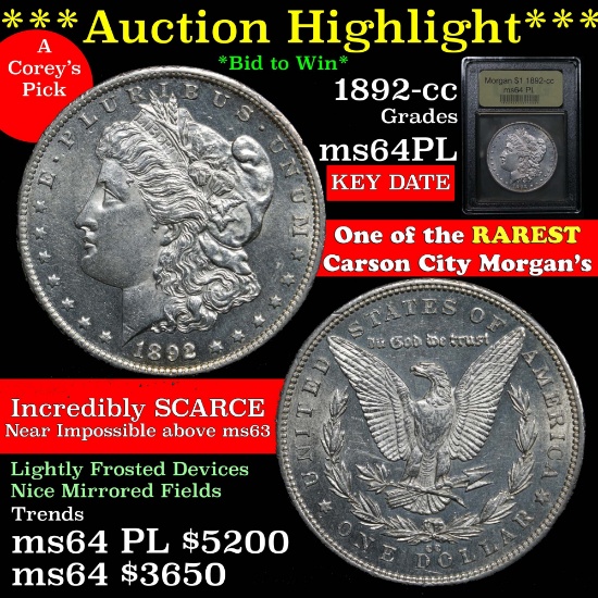 ***Auction Highlight*** 1892-cc Morgan Dollar $1 Graded Choice Unc PL by USCG (fc)