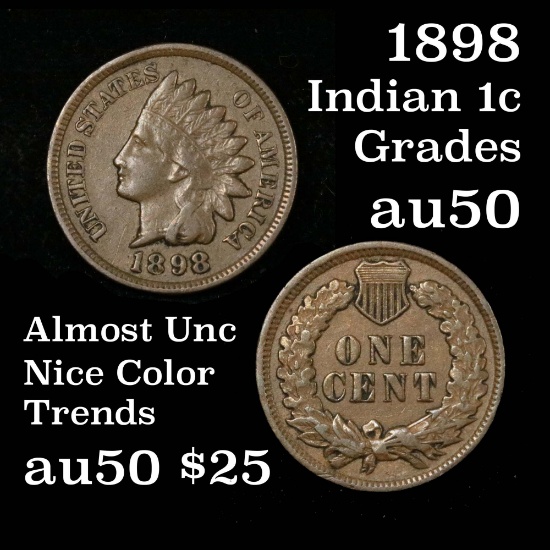 3 diamonds 1898 Indian Cent 1c Pleasing chocolate brown color Grades AU, Almost Unc
