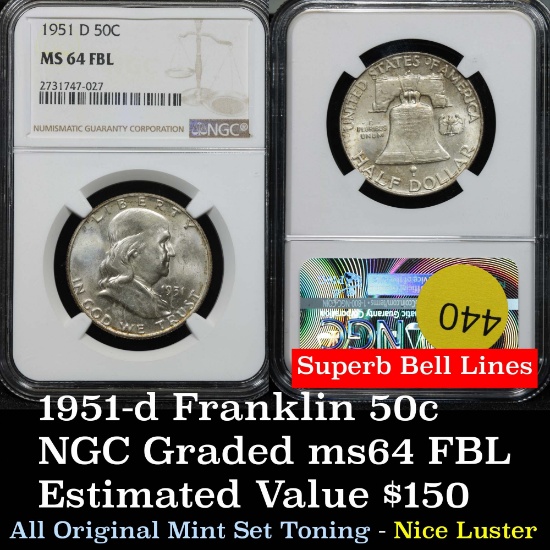 NGC 1951-d Franklin Half Dollar 50c Very strong bell lines Graded ms64 FBL By NGC Mint set toned