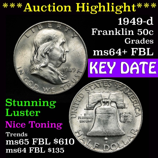***Auction Highlight*** 1949-d Franklin Half Dollar 50c good eye appeal Grades Choice Unc+ FBL (fc)