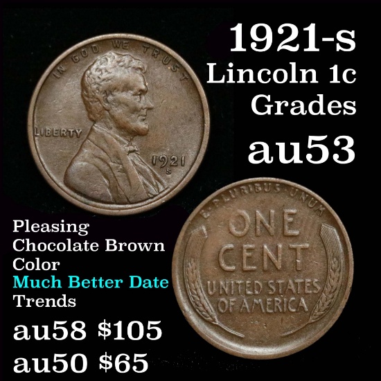 better date 1921-s Lincoln Cent 1c pleasing chocolate brown color Grades Select AU