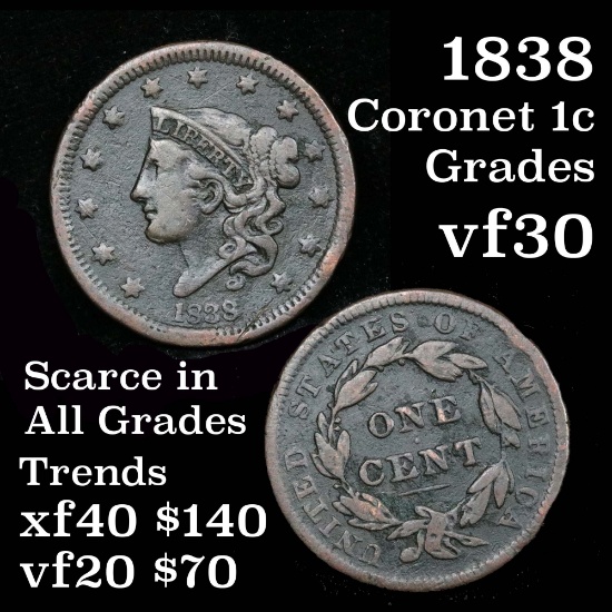 All Original 1838 Coronet Head Large Cent 1c Grades vf++