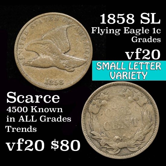 Tough 2 year type coin 1858 SL Flying Eagle Cent 1c Grades vf, very fine