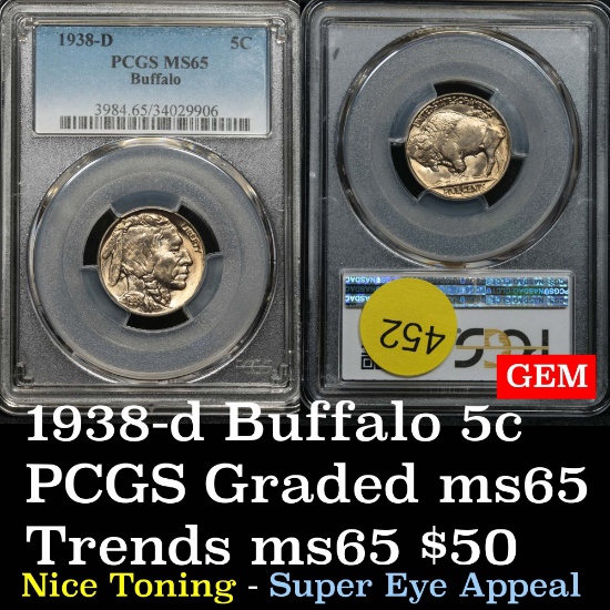 PCGS 1938-d Buffalo Nickel 5c Nice toning Graded ms65 by PCGS terrific gem example