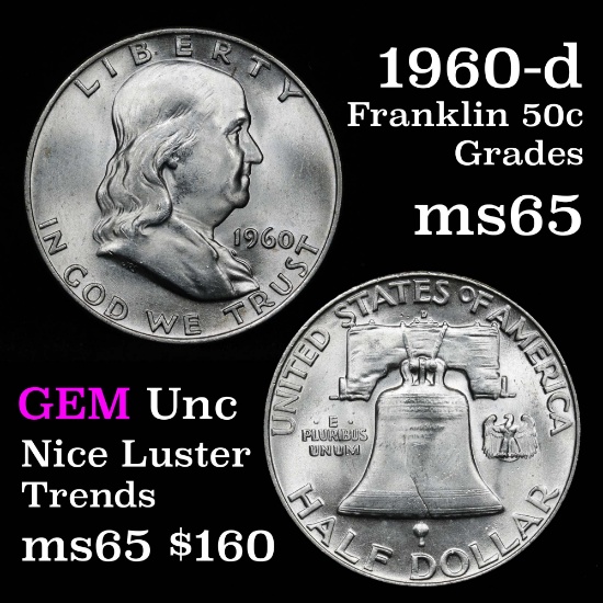 1960-d Franklin Half Dollar 50c Nice Gem Example Grades GEM Unc Frosty Luster