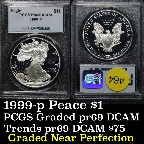Near perfect PCGS 1999-p Proof Silver Eagle Dollar $1 Graded pr69dcam by PCGS