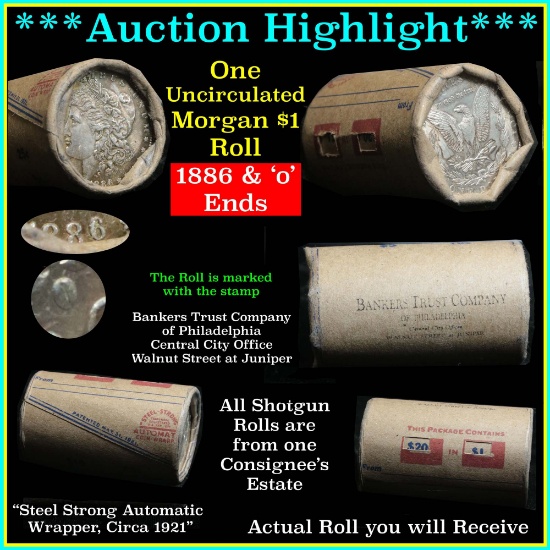 ***Auction Highlight*** Unc Shotgun roll Morgan dollars 1886 & 'o' mint ends Morgan Dollar $1 (fc)
