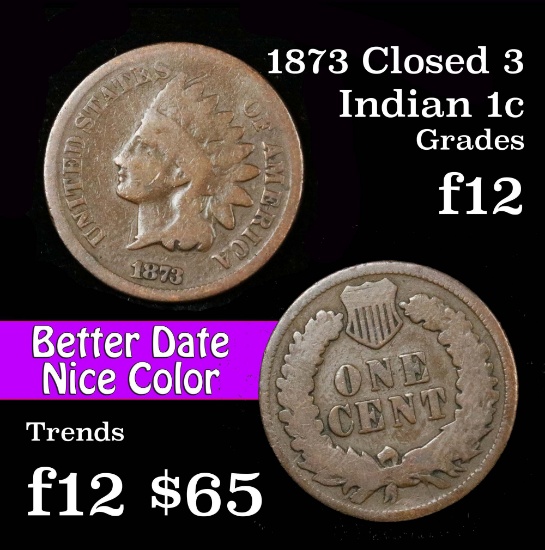 Key date 1873 Open 3 Indian Cent 1c Grades f, fine
