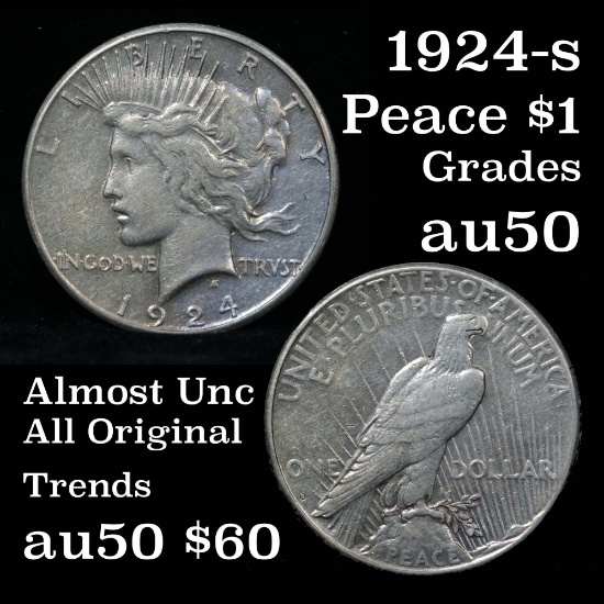Key date 1924-s Peace Dollar $1 light toning Grades AU, Almost Unc