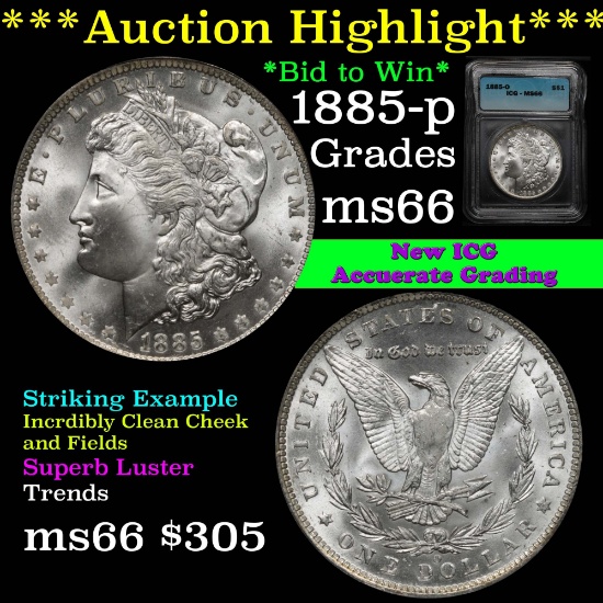 ***Auction Highlight*** 1885-o Morgan Dollar $1 Striking Graded ms66 By ICG Incredibly clean (fc)