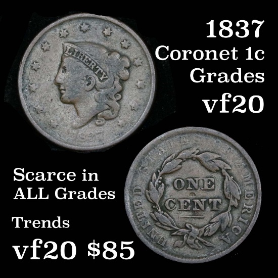 1837 Coronet Head Large Cent 1c Grades vf, very fine Pleasing Chocolate Brown Color