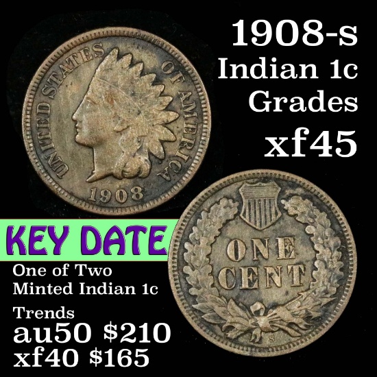 Key date to the series 1908-s Indian Cent 1c 3rd lowest mintage Grades xf+ (fc)