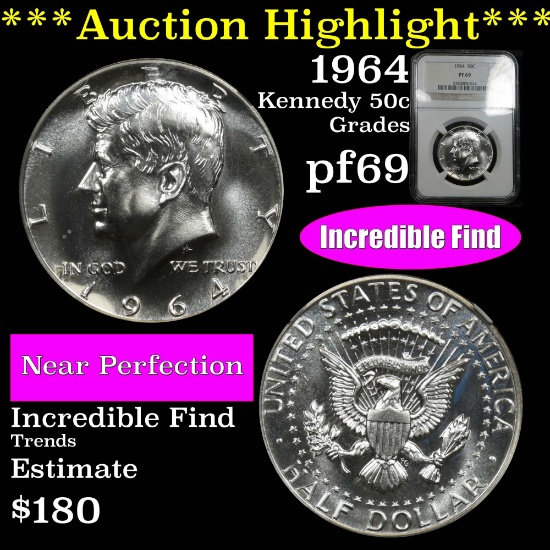***Auction Highlight*** Spectacular NGC 1964 Kennedy Half Dollar 50c Graded pf69 By NGC (fc)