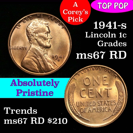 Pristine 1941-s Lincoln Cent 1c perfect luster, nice strike Grades GEM++ Unc RD a real winner