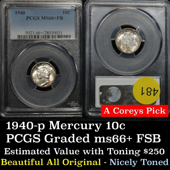 Toned PCGS 1940-p Mercury Dime 10c Graded ms66+ fsb by PCGS distinct well rounded separated bands