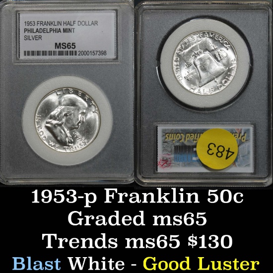 1953-p Franklin Half Dollar 50c Blast white Graded Gem Unc By PCC good luster