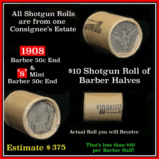 $10 Barber Half Dollar Roll 1908 & 's' mint ends Barber Half Dollars 50c (fc)