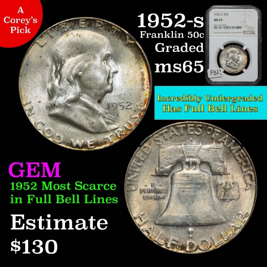 Scarce in FBL NGC 1952-s Franklin Half Dollar 50c Graded ms65 By NGC incredibly under graded