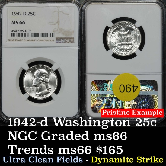 Pristine NGC 1942-d Washington Quarter 25c Graded ms66 By NGC