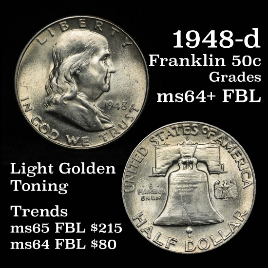 All Original 1948-d Franklin Half Dollar 50c Light Golden Toning Grades Choice Unc+ FBL